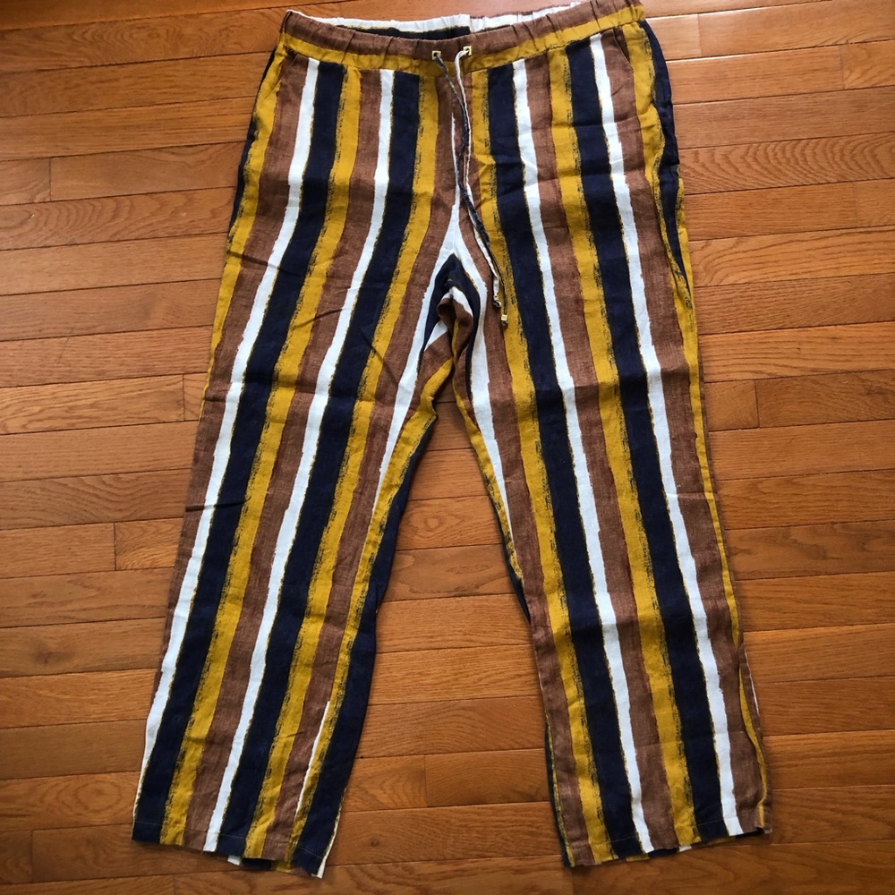 Striped Linen Drawstring Pant— Mustard, Navy, Brown & White